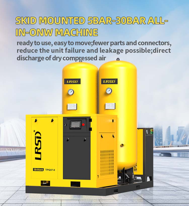 Skid mounted 5bar-30bar all-in-one unit with air compressor, 1000L twin tank, freeze dryer and filter