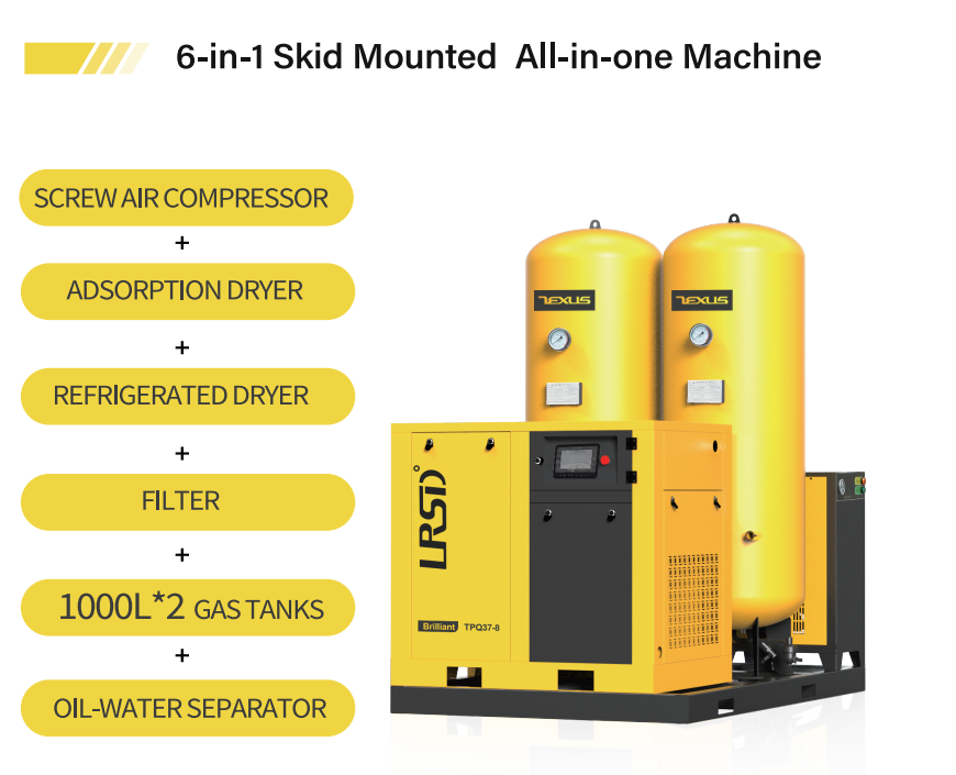 Skid mounted 5bar-30bar all-in-one unit with air compressor, 1000L twin tank, freeze dryer and filter
