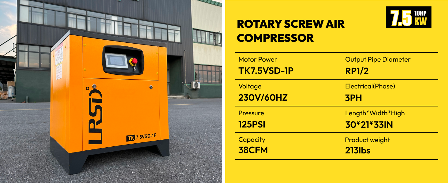 10 HP Rotary Screw Air Compressor VFD 230V Single Phase 38CFM 125PSI