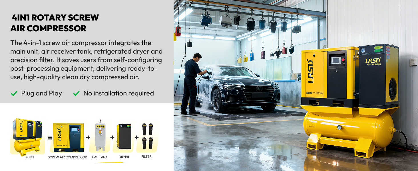 230V 3Phase 7.5 HP Rotary Screw Air Compressor W/80 Gallon Tank  Air Dryer 29cfm