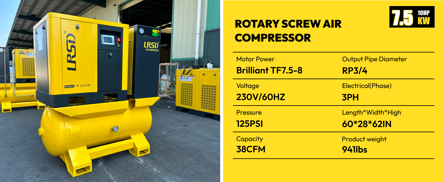 10HP 230V Rotary Screw Air Compressor w/ Air Dryer 80 GAL Air Tank 125Psi 3 Ph