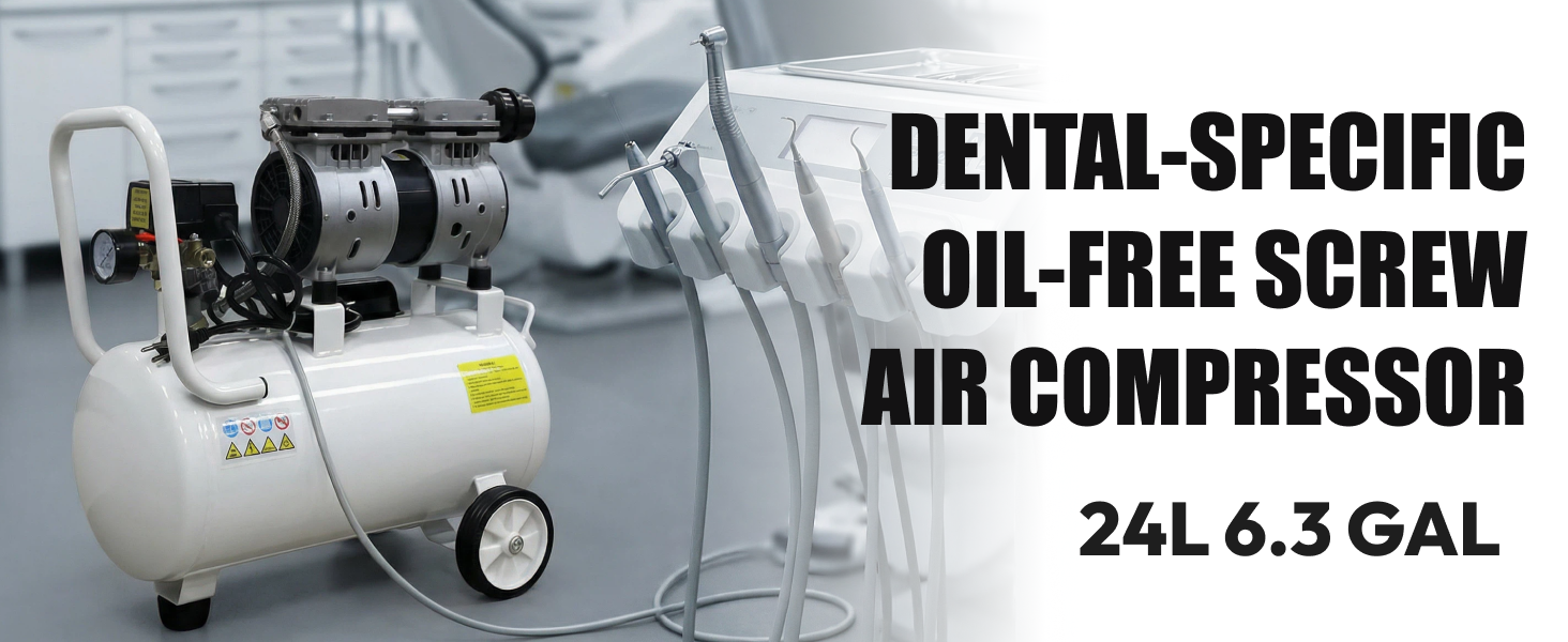 Ultra Quiet 50dB Oil-Free Air Compressor for Dental Use 24L Tank 120V