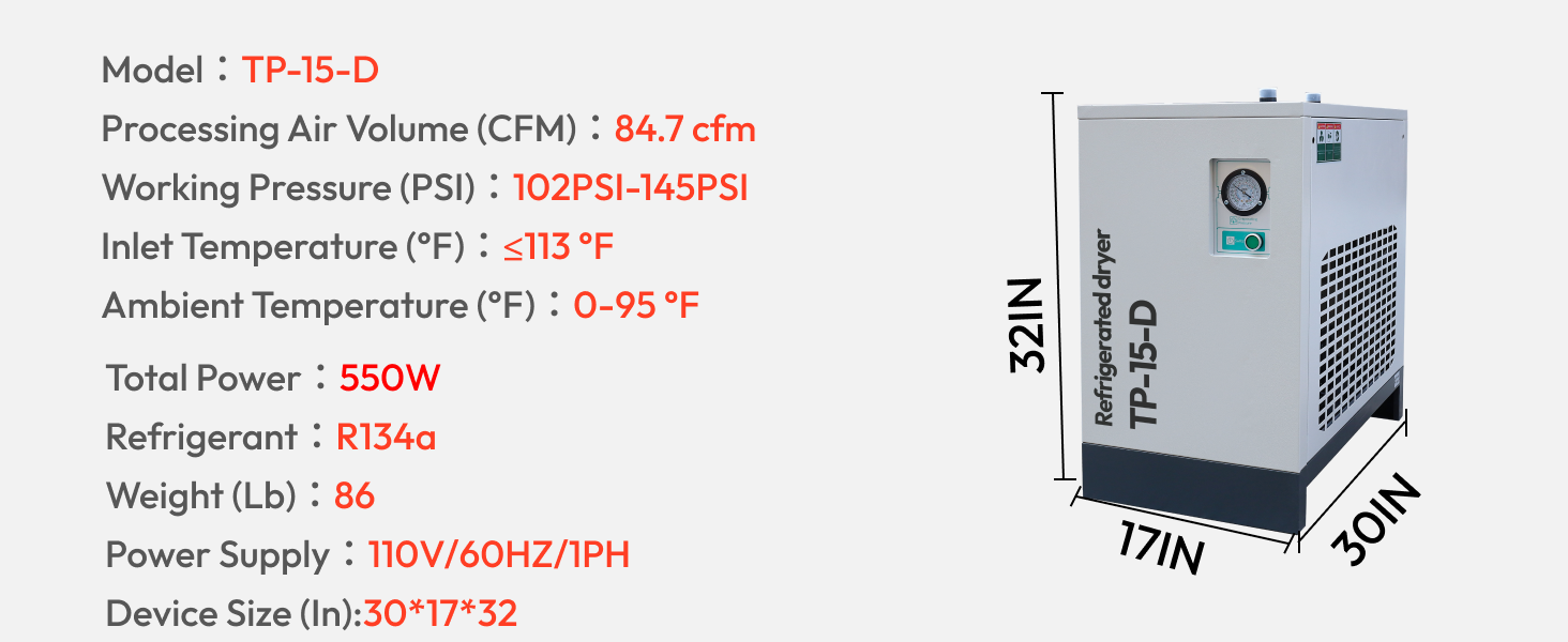85 CFM REFRIGERATED COMPRESSED AIR DRYER 110V/60HZ, FOR 20HP COMPRESSORS MAX