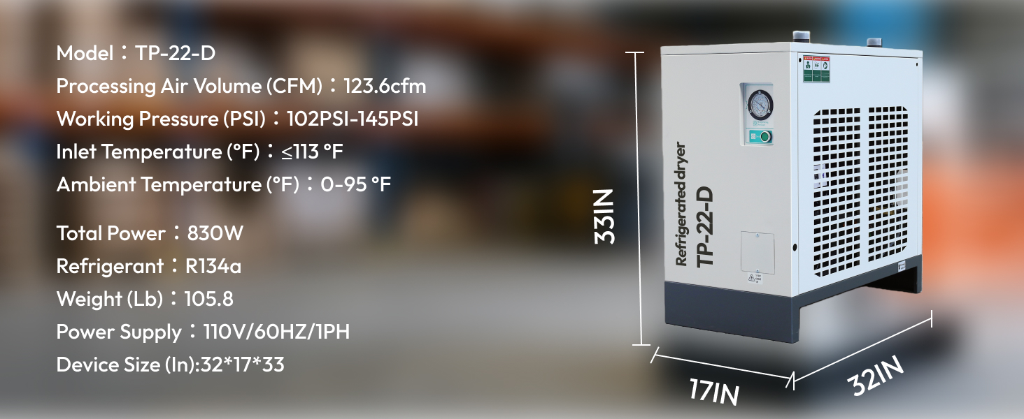 Refrigerated Compressed Air Dryer 123.6 CFM 22HP Compressor 110V 60Hz