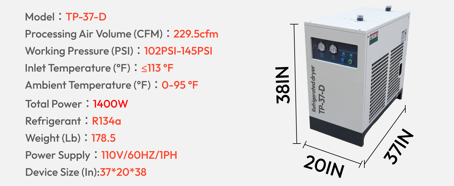 110V/60HZ Refrigerated Compressed Air Dryer System 230CFM for 50HP Air Compressor