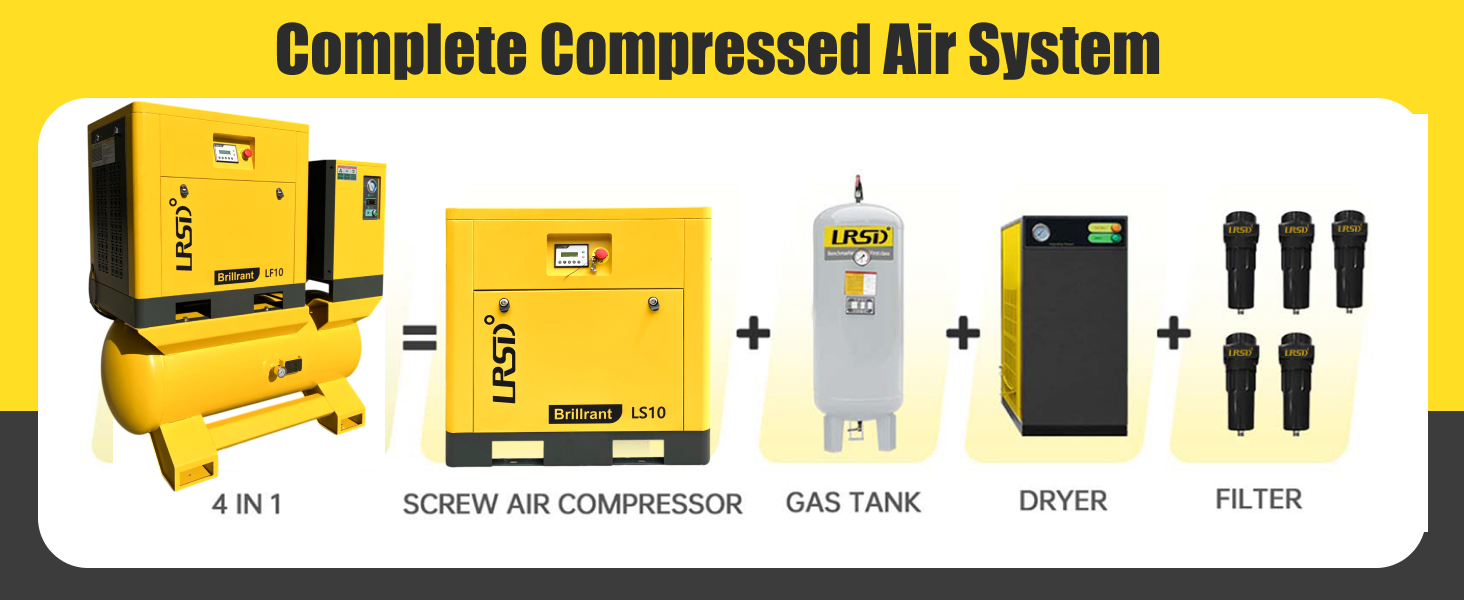 LRSD 4IN1 7.5 kW/10 hp, 460v/3 phase, 37 CFM with compressor, refrigerated dryer and 66-gallon air tank.（ LF10-460V）