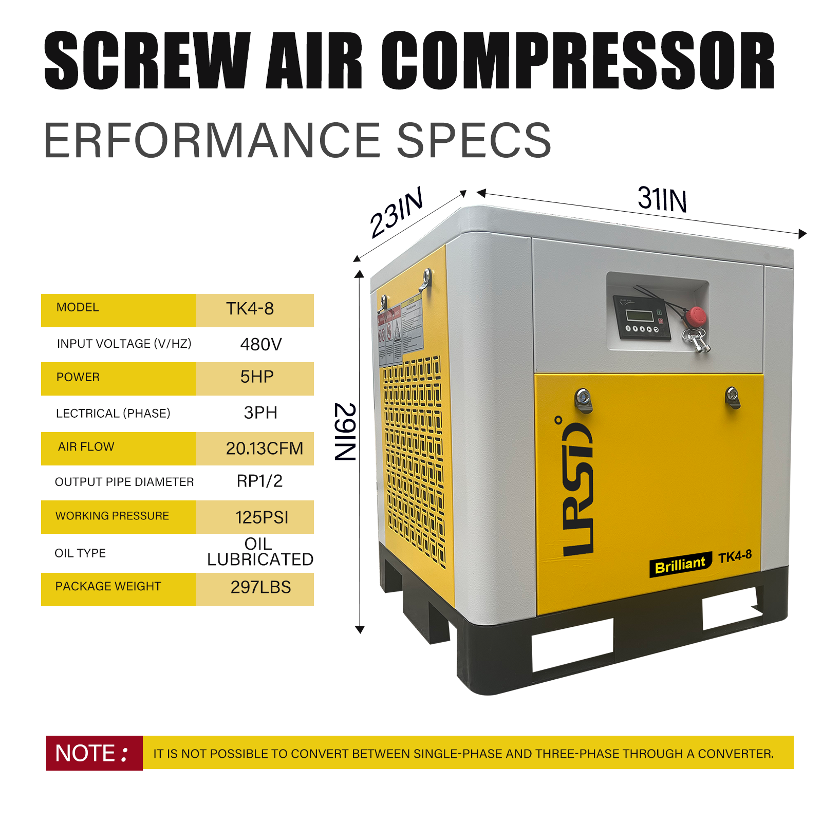 Rotary Screw Air Compressor | 7.5HP 5.5KW | 21.54 CFM @116 PSI | 480V 3-Phase 60Hz |  RP1/2"