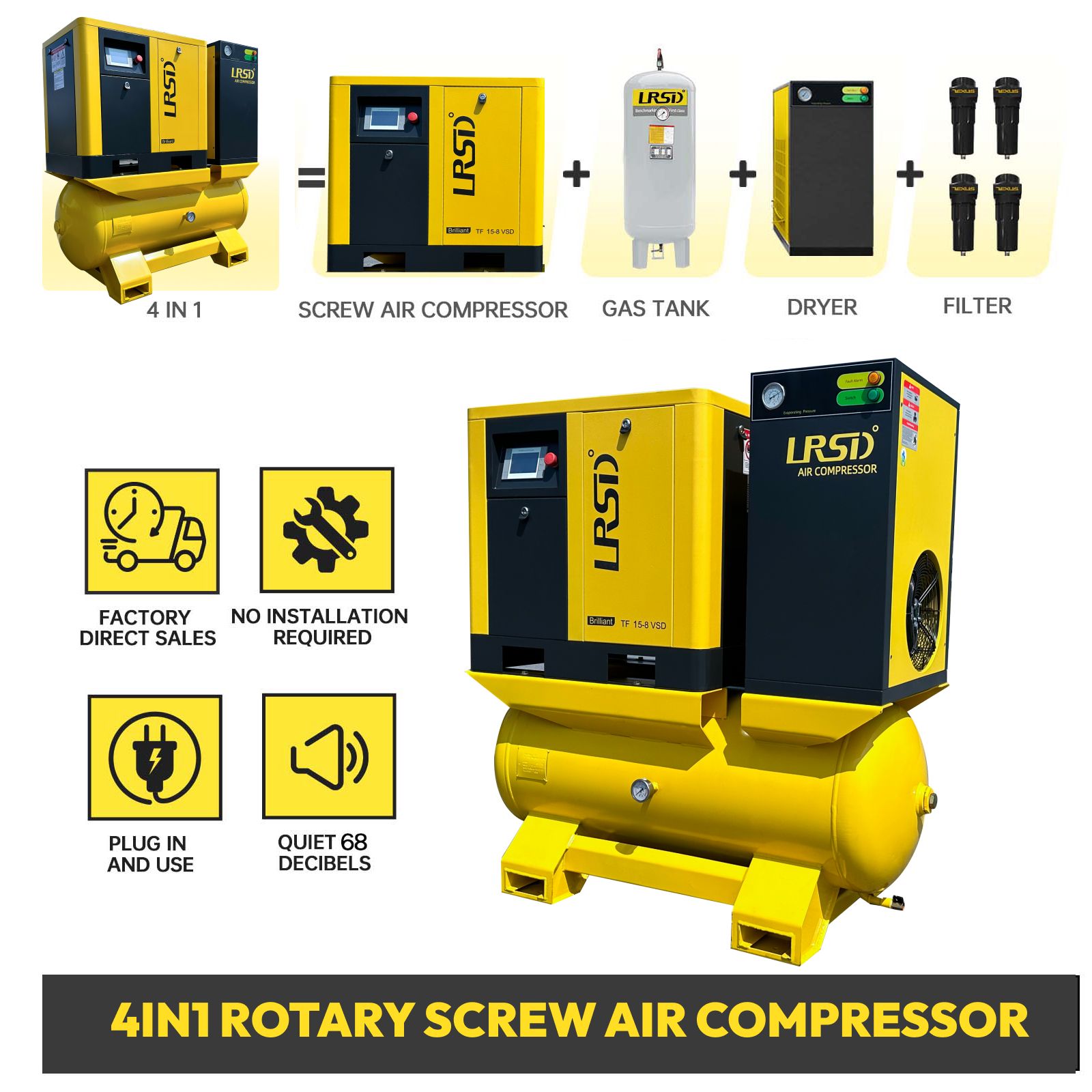 15KW 20HP Rotary Screw Air Compressor w/ Air Dryer 80 GAL Air Tank 125Psi 3 Ph 10HP 460V