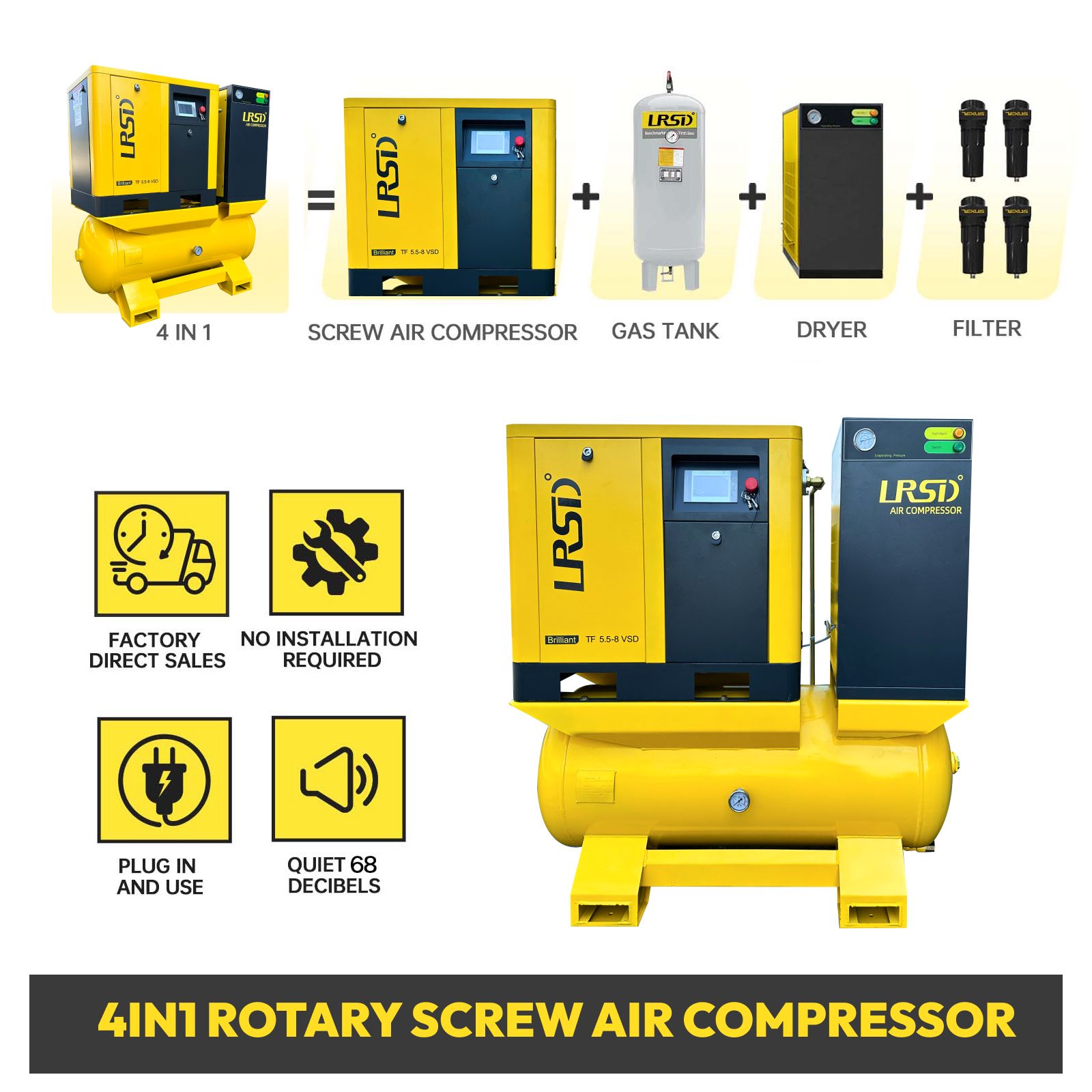230V 3Phase 7.5 HP Rotary Screw Air Compressor W/80 Gallon Tank +Air Dryer 29cfm