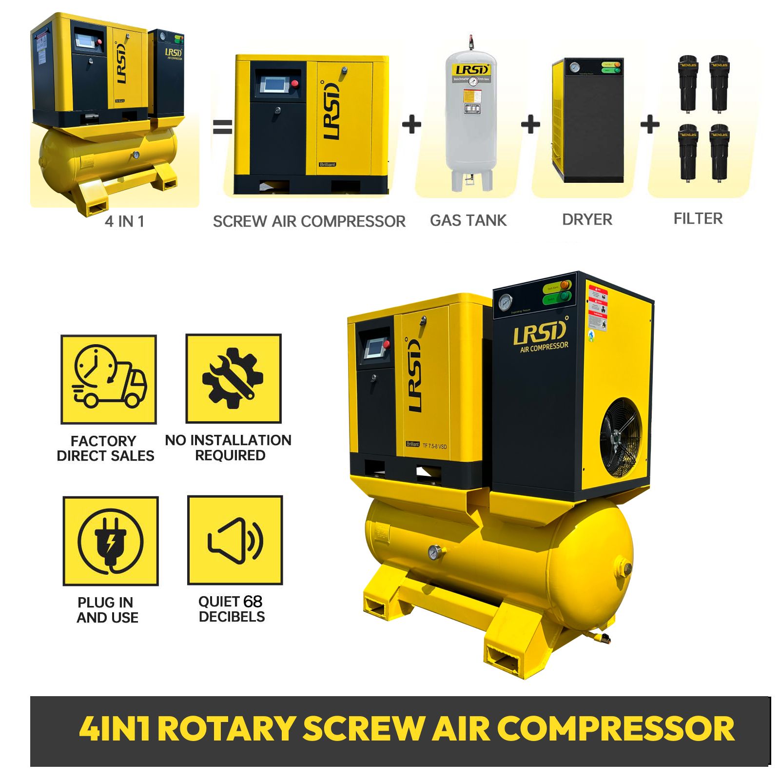 10HP 460V Rotary Screw Air Compressor w/ Air Dryer 80 GAL Air Tank 125Psi 3 Ph