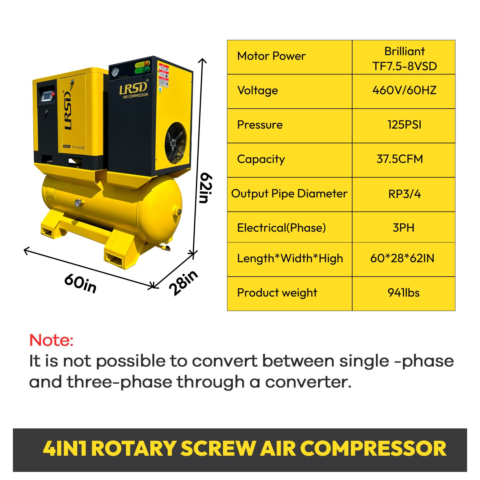 10HP 460V Rotary Screw Air Compressor w/ Air Dryer 80 GAL Air Tank 125Psi 3 Ph