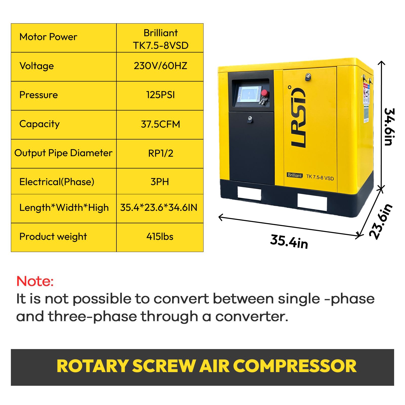 10 HP Rotary Screw Air Compressor VFD230V 3 Phase 125 PSI 38 CFM