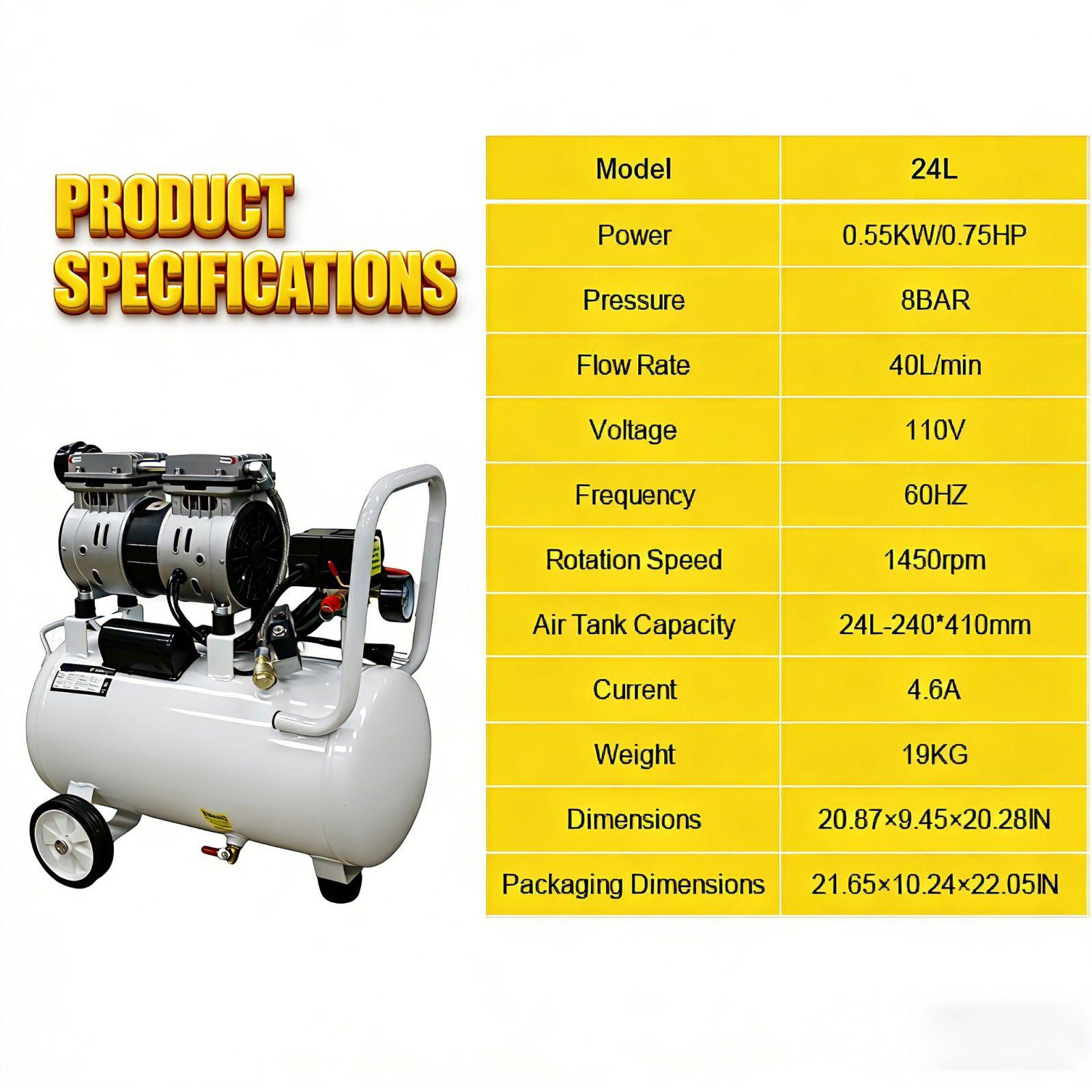 Ultra Quiet 50dB Oil-Free Air Compressor for Dental Use 24L Tank 120V