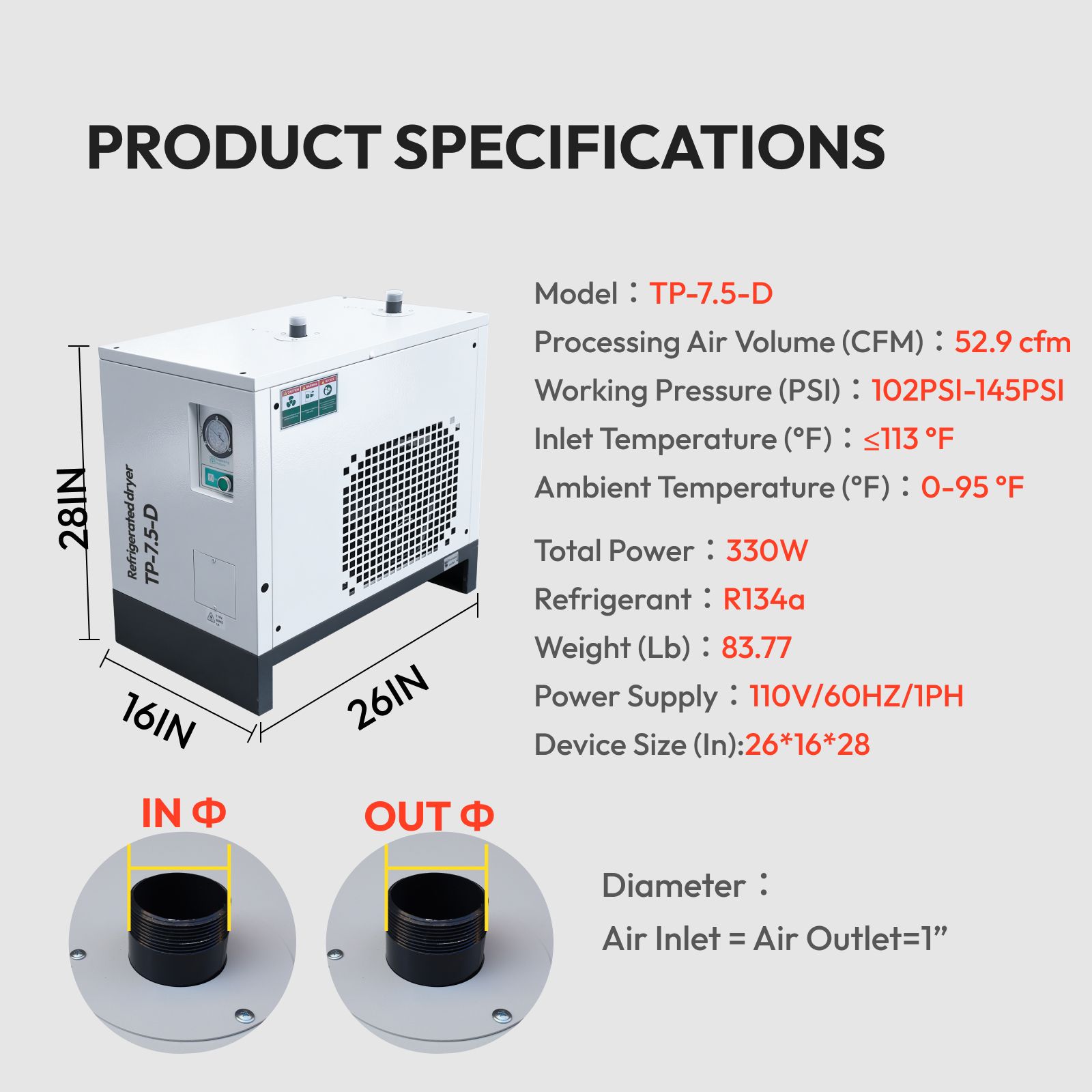 LRSD 53CFM REFRIGERATED COMPRESSED AIR DRYER, 7.5HP &10HP COMPRESSORS, 110V 60HZ