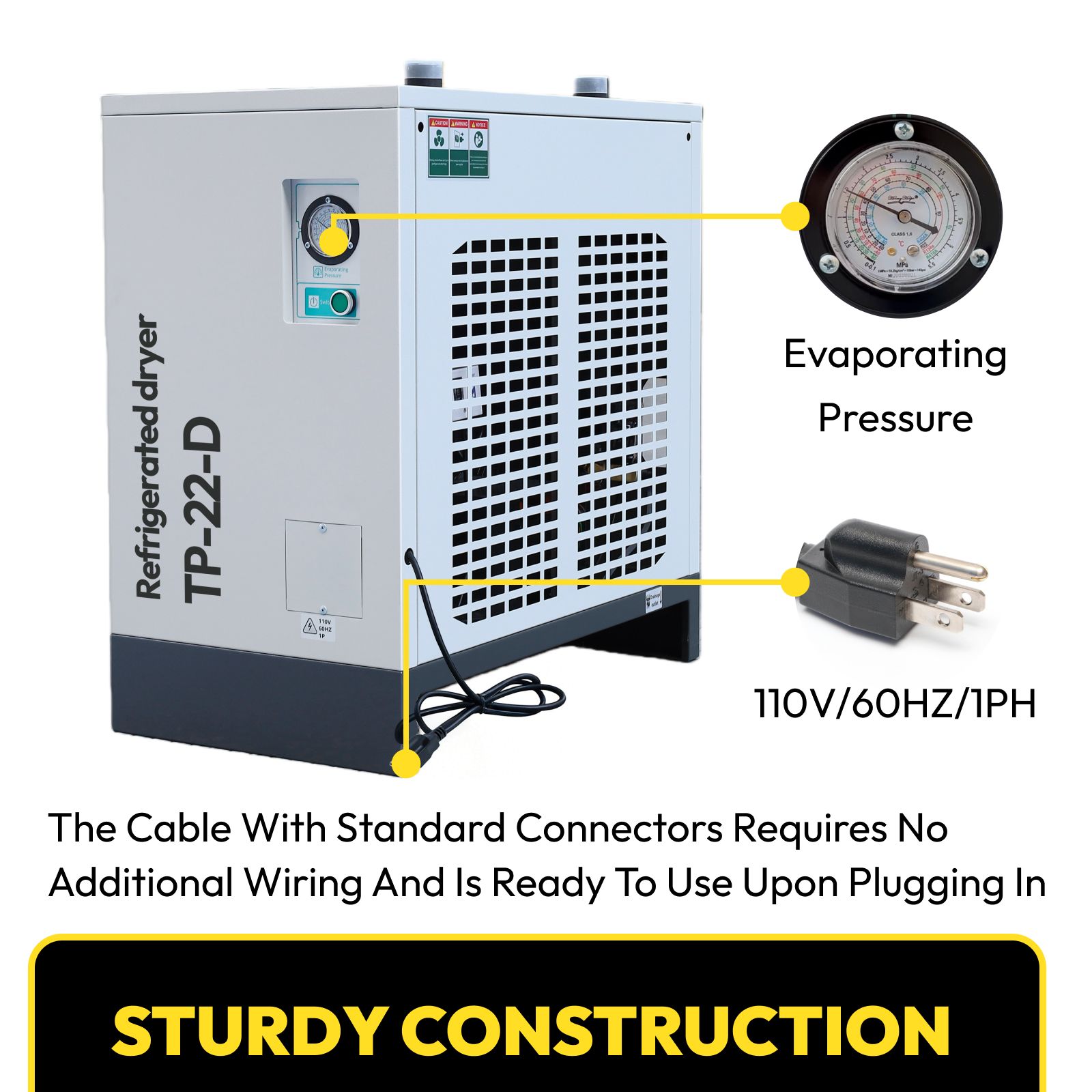 Refrigerated Compressed Air Dryer 123.6 CFM 22HP Compressor 110V 60Hz