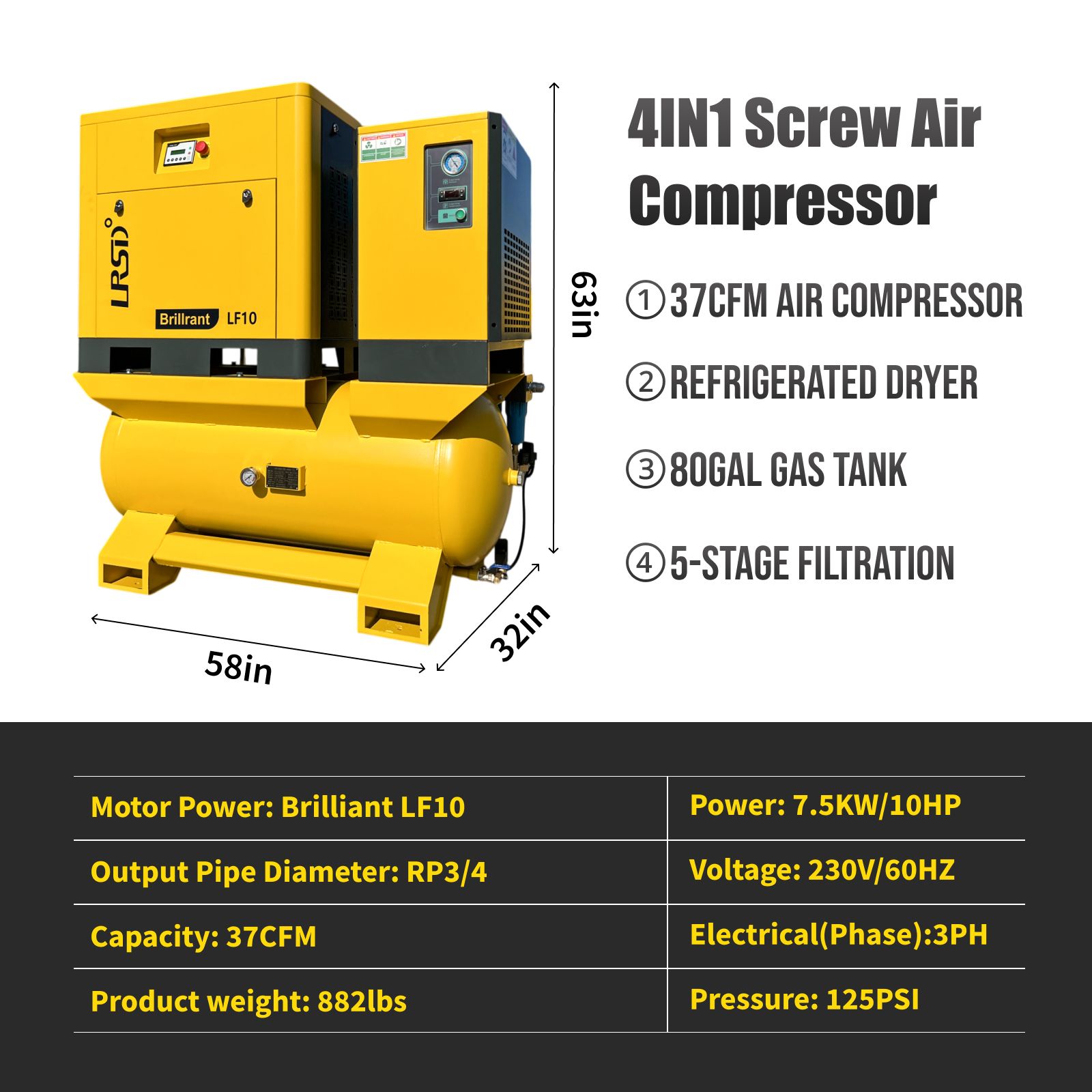 LRSD 4IN1 7.5 kW/10 hp, 460v/3 phase, 37 CFM with compressor, refrigerated dryer and 66-gallon air tank.（ LF10-460V）