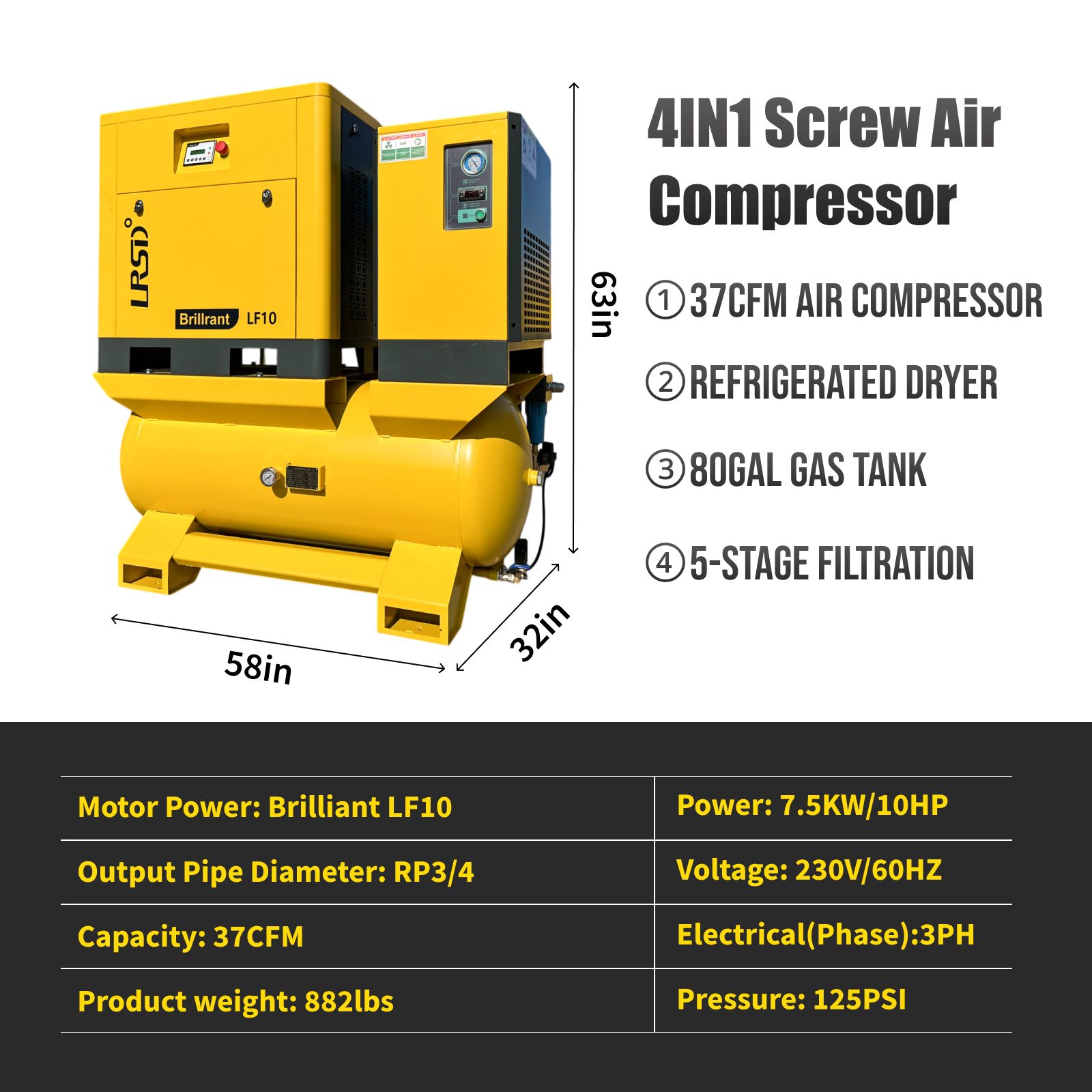 LRSD 4IN1 7.5 kW/10 hp, 230v/3 phase, 37 CFM with compressor, refrigerated dryer and 66-gallon air tank.（ LF10）