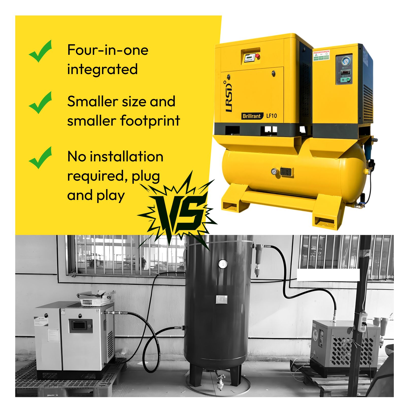 LRSD 4IN1 7.5 kW/10 hp, 230v/3 phase, 37 CFM with compressor, refrigerated dryer and 66-gallon air tank.（ LF10）