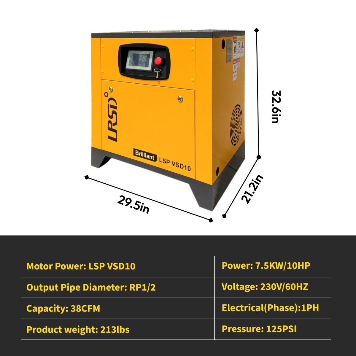 10 HP Rotary Screw Air Compressor VFD 230V Single Phase 38CFM 125PSI