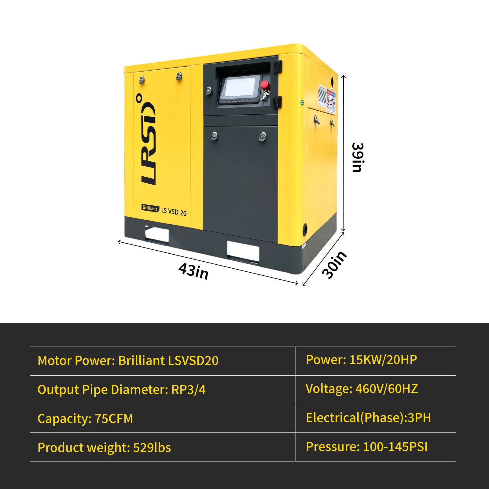 LSVSD 20 20HP Rotary Screw Air Compressor 75CFM 100-145PSI 230V