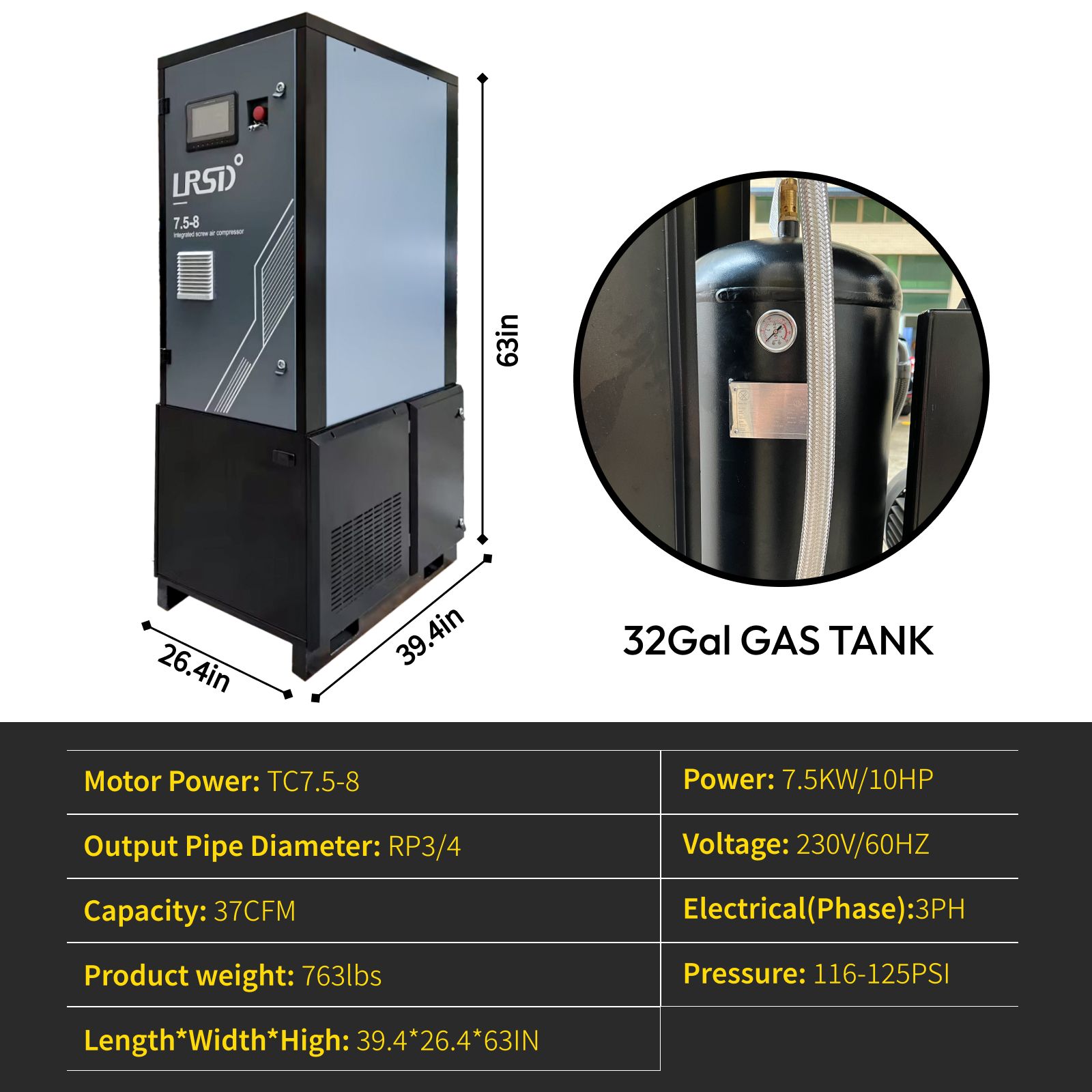 10HP Screw Air Compressor 4in1 230V/3Ph 37CFM 125psi with 32Gal GAS TANK & Air Dryer & FILTER Heavy Duty Air Compressed System ALL in One