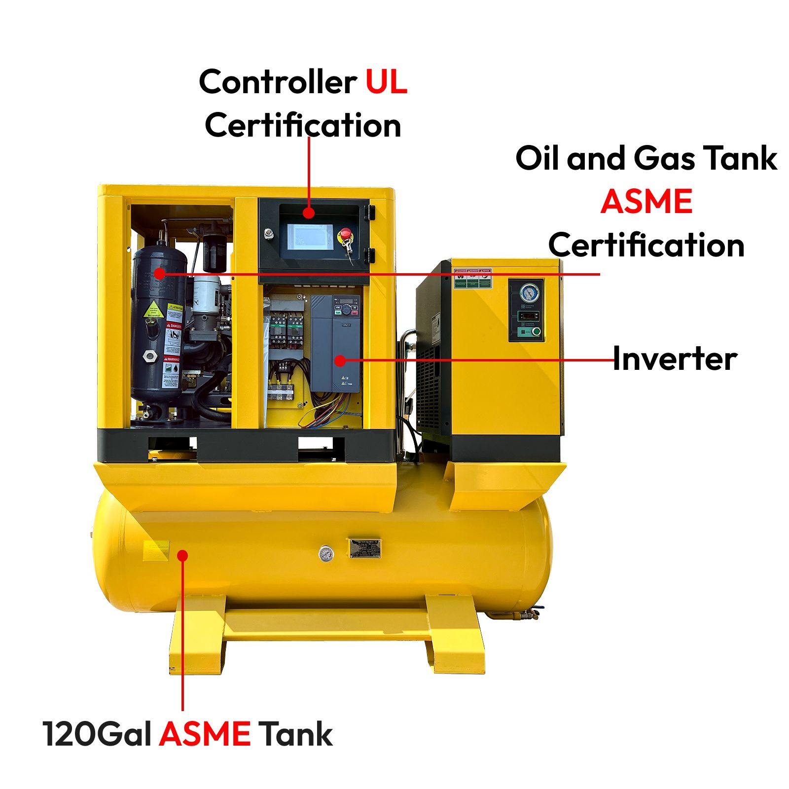 20HP Combined Rotary Screw Air Compressor VSD with Dryer & 120-Gal Tank | 80.16CFM, 116 PSI, 230V 3-Phase – Industrial Grade,Model LF20