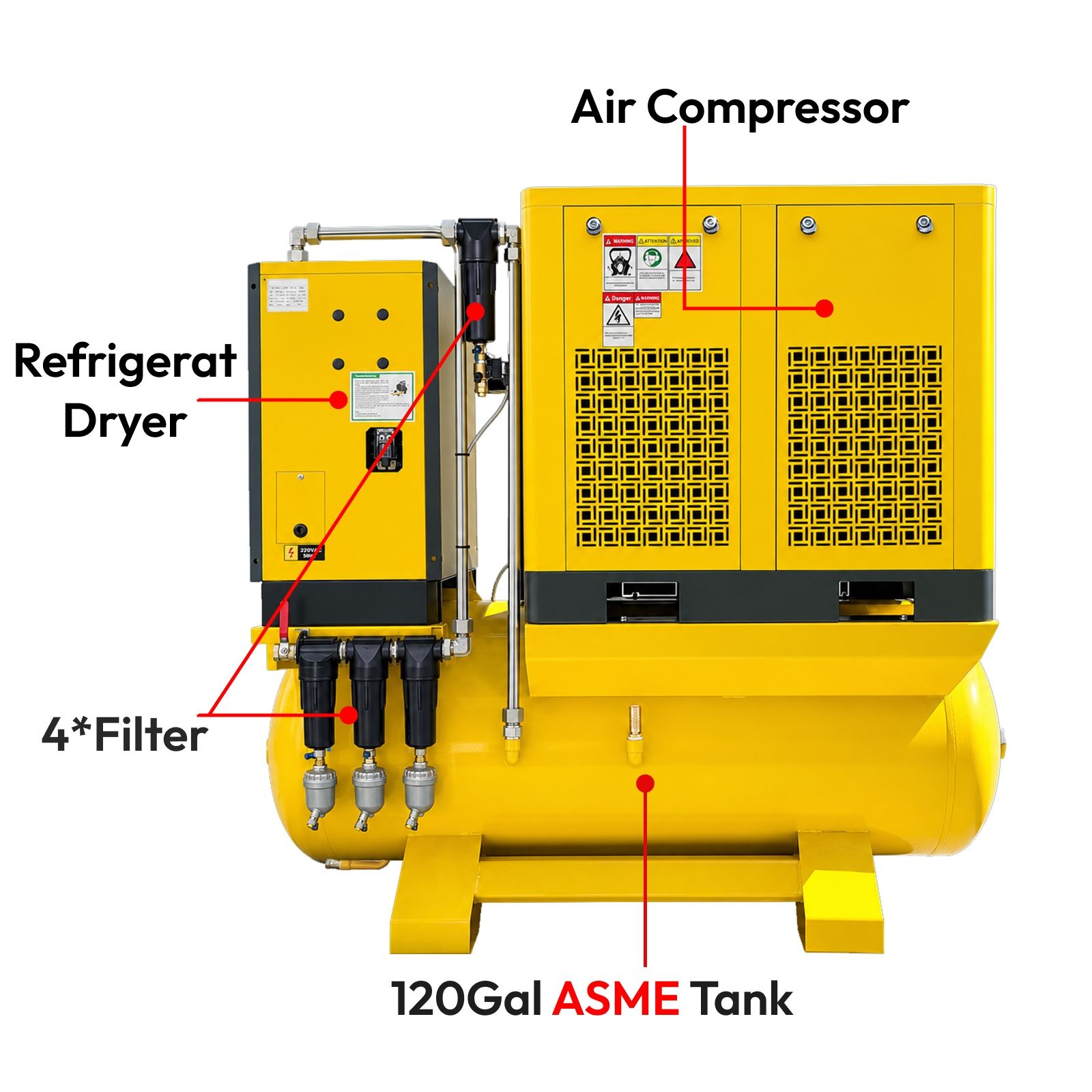 20HP Combined Rotary Screw Air Compressor VSD with Dryer & 120-Gal Tank | 80.16CFM, 116 PSI, 230V 3-Phase – Industrial Grade,Model LF20