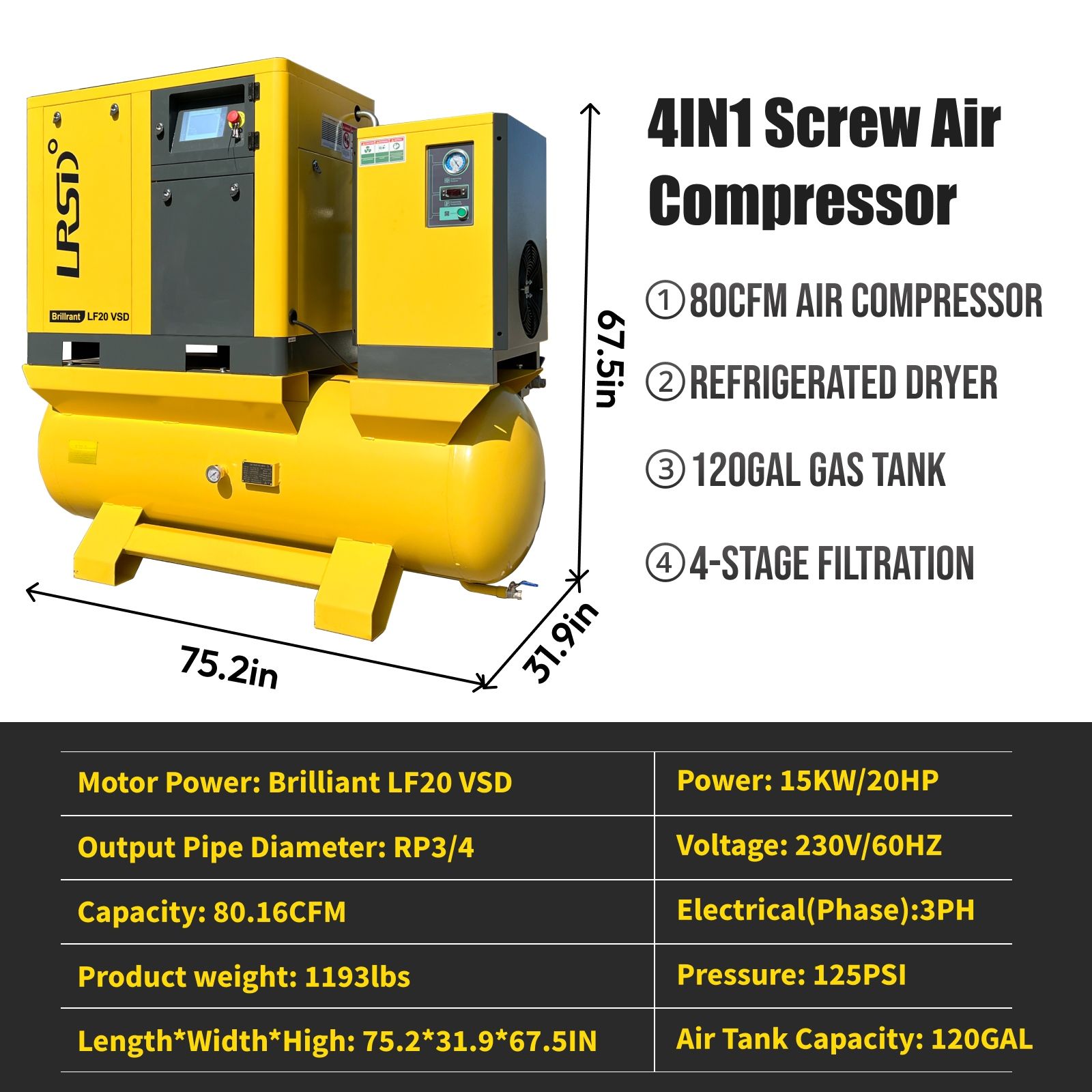 20HP Combined Rotary Screw Air Compressor VSD with Dryer & 120-Gal Tank | 80.16CFM, 116 PSI, 230V 3-Phase – Industrial Grade,Model LF20